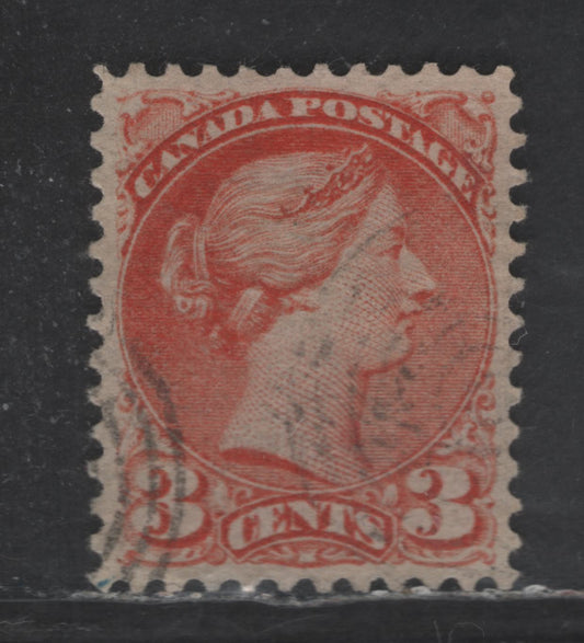 Lot 405 Canada SC#41var 3c Dull Red Orange Queen Victoria, 1870-1893 Small Queen Issue, A Very Fine Used Single, Montreal Gazette Printing, Paper 2O-A, Perf 12x12.25, No Pos. Dot