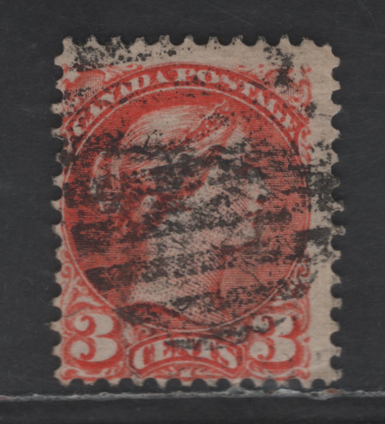 Lot 406 Canada SC#41 3c Bright Red Orange Queen Victoria, 1870-1893 Small Queen Issue, A Very Good Used Single, Montreal Gazette Printing, Paper LM-F, Perf 12x12.25