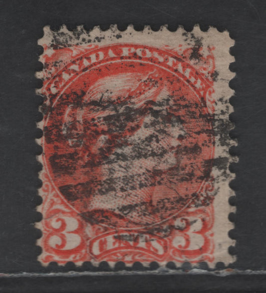 Lot 406 Canada SC#41 3c Bright Red Orange Queen Victoria, 1870-1893 Small Queen Issue, A Very Good Used Single, Montreal Gazette Printing, Paper LM-F, Perf 12x12.25