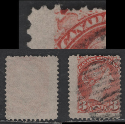 Lot 408 Canada SC#41var 3c Dull Vermillion Queen Victoria, 1870-1893 Small Queen Issue, A Good Used Single, Montreal Gazette Printing, Paper LM-O, Perf 12x12.25, Showing Burr on Upper Left Ornament