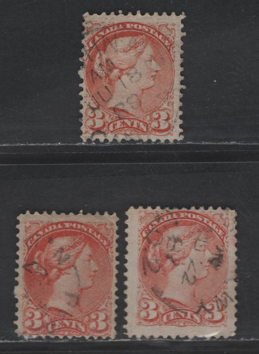 Lot 409 Canada SC#41 3c Dull Orange, Dull Vermillion & Dull Orange Vermillion Queen Victoria, 1870-1893 Small Queen Issue, 3 Very Good/Fine Used Singles, Montreal Gazette Printings, Papers LM-A & LM-P, Perf 12.25, August 1887 & June 1888