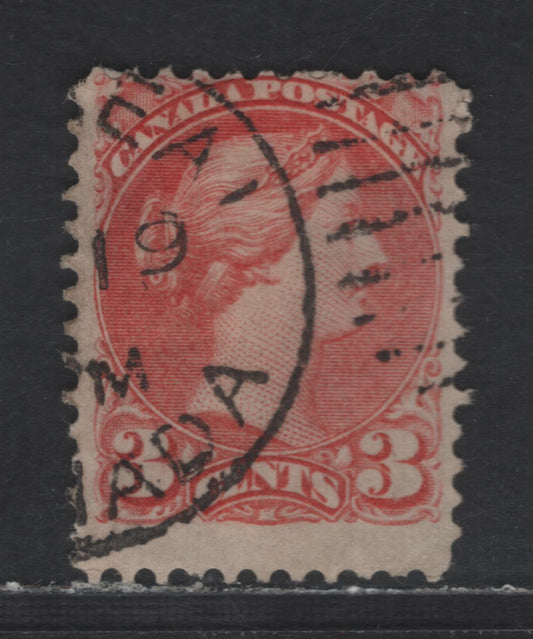 Lot 413 Canada SC#41a 3c Rose Carmine Queen Victoria, 1870-1893 Small Queen Issue, A Very Good Used Single, Montreal Gazette Printing, Paper LM-O, Perf 12x12.25