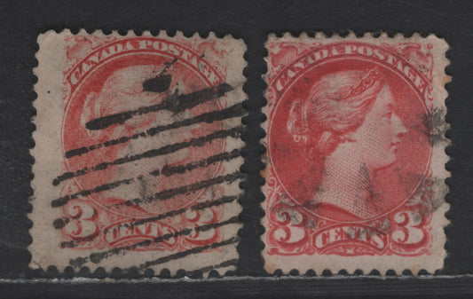 Lot 415 Canada SC#41i 3c Deep Rose Carmine & Deep Carmine Queen Victoria, 1870-1893 Small Queen Issue, 2 Very Good/Fine Used Singles, Montreal Gazette Printings, Papers LM-D & LM-O, Perf 12x12.25, Both With Corner Creases