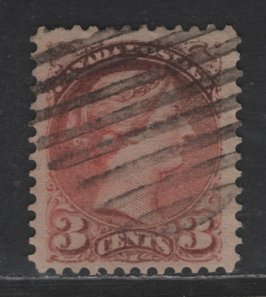 Lot 416 Canada SC#41var 3c Oxidized Vermillion Queen Victoria, 1870-1893 Small Queen Issue, A Very Fine Used Single, Montreal Gazette Printing, Paper MG-G, Perf 12.25, Medallion Dot at 3 O'Clock