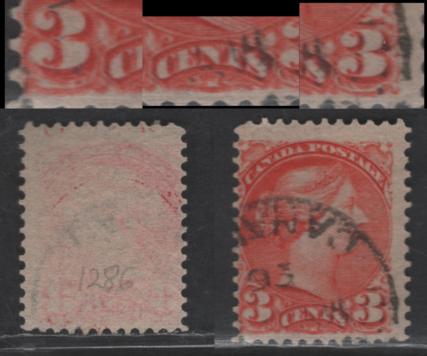Lot 423 Canada SC#41var 3c Deep Orange Vermillion Queen Victoria, 1870-1893 Small Queen Issue, A Fine Used Single, Montreal Gazette Printing, Paper 2O-C, Perf 12.1x12.2, Minor Re-Entry Showing Doubling Of left 3, Cents At Top & Lower Medallion
