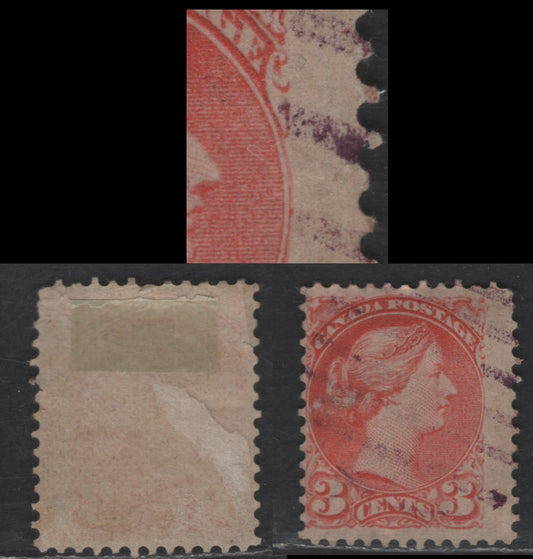 Lot 425 Canada SC#41var 3c Vermillion Queen Victoria, 1870-1893 Small Queen Issue, A Very Good Used Single, Early Second Ottawa Printing, Paper LM-O, Perf 12x12.25, Medallion Dot At 3 O'Clock