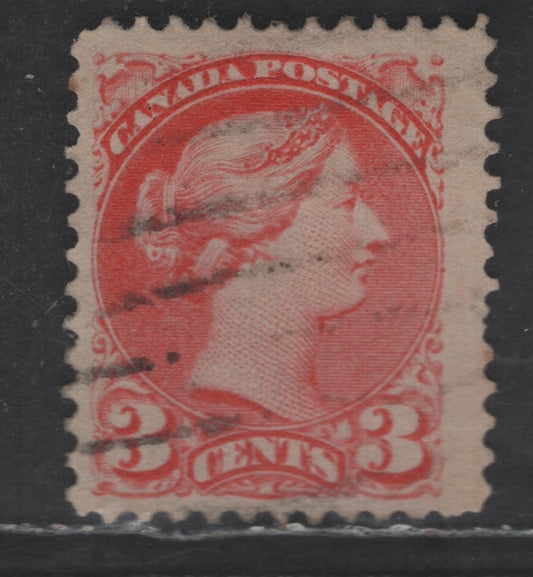 Lot 426 Canada SC#41var 3c Vermillion Queen Victoria, 1870-1893 Small Queen Issue, A Fine Used Single, Early Second Ottawa Printing, Paper 2O-L, Perf 12, Medallion Dot At 3 O'Clock