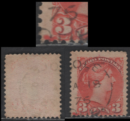 Lot 427 Canada SC#41var 3c Deep Vermillion Queen Victoria, 1870-1893 Small Queen Issue, A Fine Used Single, Late Second Ottawa Printing, Paper 2O-P, Perf 12x11.9, Quebec Split Ring Cancel