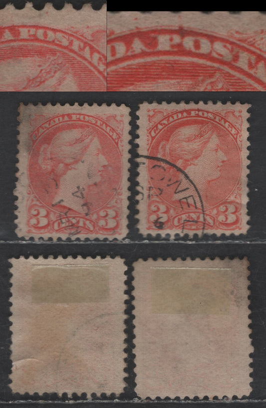 Lot 428 Canada SC#41var 3c Pale Dull Orange Vermillion Queen Victoria, 1870-1893 Small Queen Issue, 2 Fine Used Singles, Mid Second Ottawa Printings, Paper 2O-P, Perf 12, Small Dots In Upper Margin