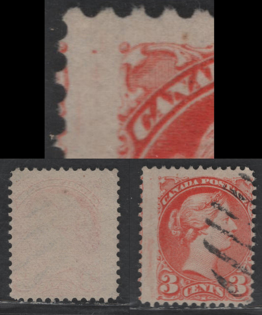 Lot 429 Canada SC#41var 3c Orange Queen Victoria, 1870-1893 Small Queen Issue, A Fine Used Single, Early Second Ottawa Printing, Paper LM-D, Perf 12.1x12.2, Tiny Position Dot In UL Margin