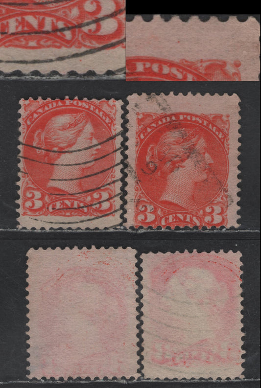 Lot 430 Canada SC#41var 3c Bright Orange Vermillion Queen Victoria, 1870-1893 Small Queen Issue, 2 Very Good Used Singles, Mid to Late Second Ottawa Printings, Papers 2O-AA, Perfs 12x12.1 & 11.9x12.1, Showing Tiny Margin Dots