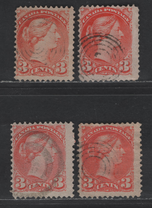 Lot 432 Canada SC#41 3c Orange/Pale Dull Vermillion Queen Victoria, 1870-1893 Small Queen Issue, 4 Fine Used Singles, Early, Mid & Late Second Ottawa Printings, Papers 2O-Q, 2O-O, 2O-C & 2O-R, Various Target Cancels & Perfs