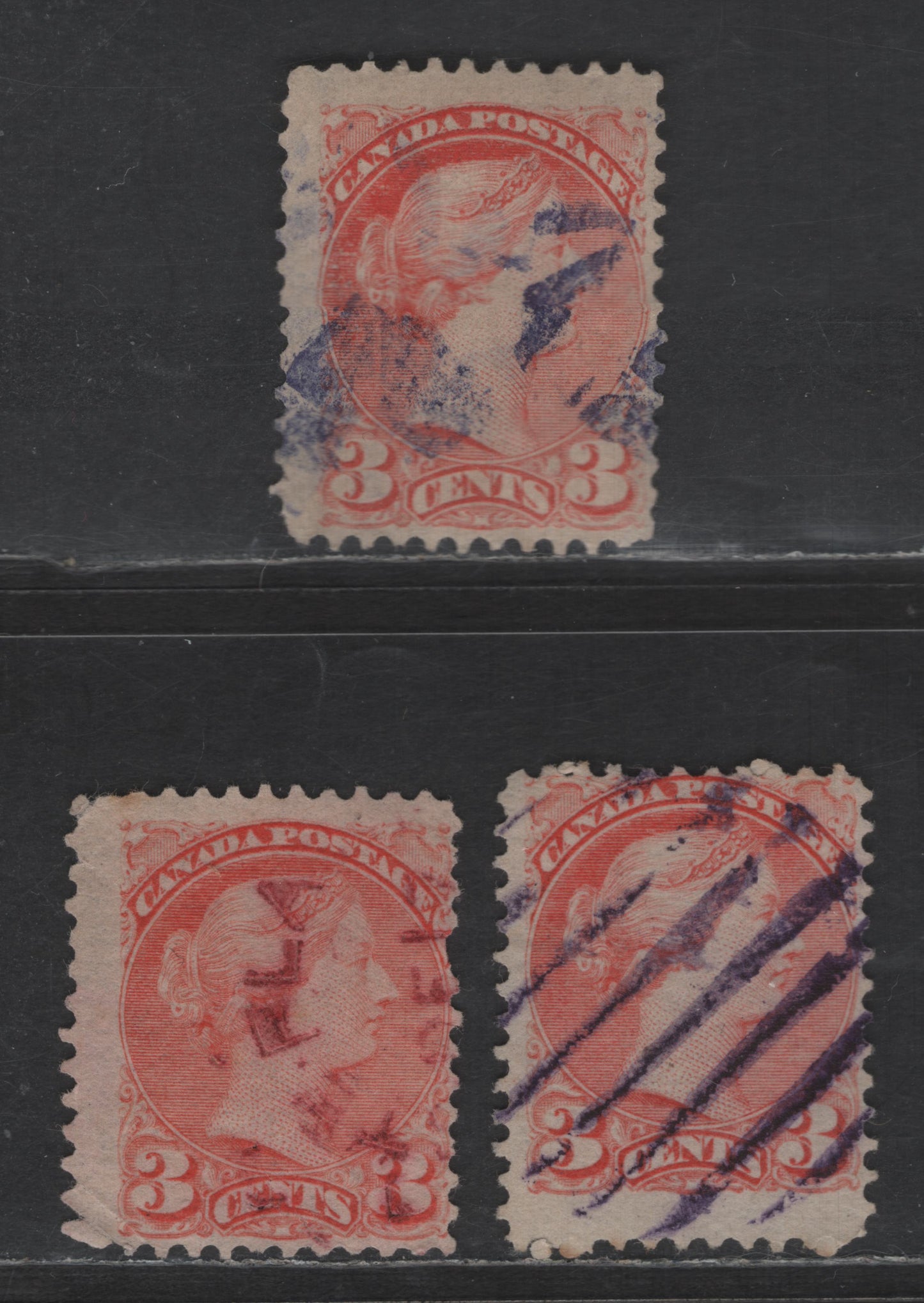 Lot 433 Canada SC#41 3c Pale Dull Orange Vermillion Queen Victoria, 1870-1893 Small Queen Issue, 3 Good & Fine Used Singles, Mid Montreal Printings, Papers 2O-E, 2O-N & 2O-U, Various Perfs & Colored Cancels (Red, Purple & Blue)