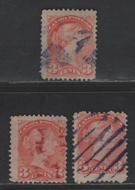 Lot 433 Canada SC#41 3c Pale Dull Orange Vermillion Queen Victoria, 1870-1893 Small Queen Issue, 3 Good & Fine Used Singles, Mid Montreal Printings, Papers 2O-E, 2O-N & 2O-U, Various Perfs & Colored Cancels (Red, Purple & Blue)
