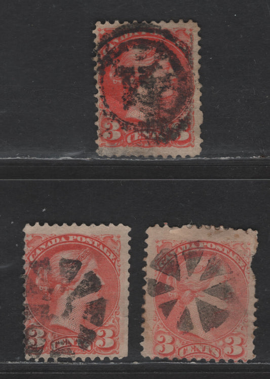 Lot 434 Canada SC#41 3c Pale Dull Vermillion, Pale Vermillion & Deep Orange Vermillion Queen Victoria, 1870-1893 Small Queen Issue, 3 Ungraded Singles, Mid to Late Second Ottawa Printings, Unchecked For Papers & perfs, Interesting Cancels