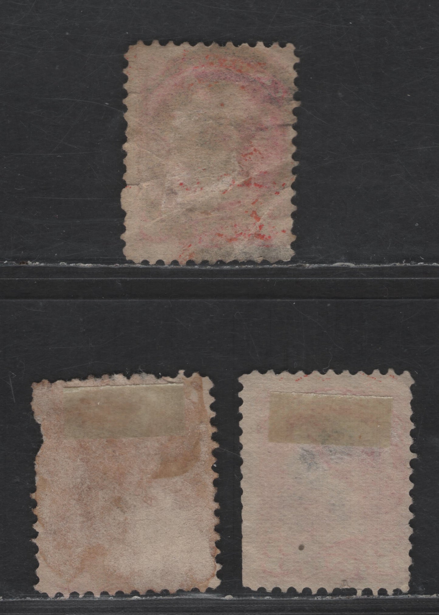Lot 434 Canada SC#41 3c Pale Dull Vermillion, Pale Vermillion & Deep Orange Vermillion Queen Victoria, 1870-1893 Small Queen Issue, 3 Ungraded Singles, Mid to Late Second Ottawa Printings, Unchecked For Papers & perfs, Interesting Cancels
