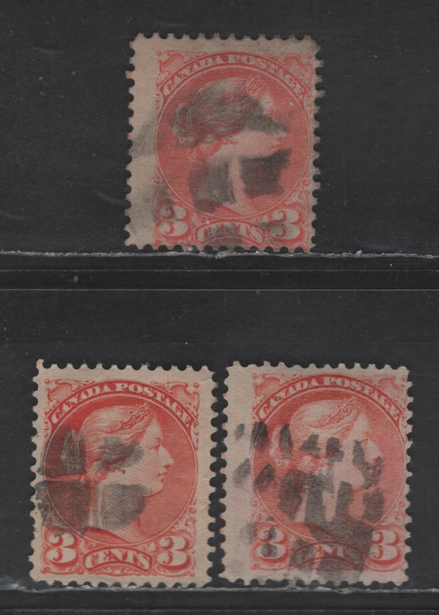 Lot 435 Canada SC#41 3c Pale Dull Vermillion & Deep Orange Queen Victoria, 1870-1893 Small Queen Issue, 3 Fine Used Singles, Mid to Late Second Ottawa Printings, Papers 2O-X, 2O-M & 2O-N, Perfs 12x11.9 & 12x12.1, All With Cork Cancels