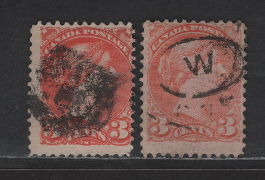 Lot 436 Canada SC#41var 3c Deep Orange Vermillion & Pale Dull Orange Vermillion Queen Victoria, 1870-1893 Small Queen Issue, 2 Very Good/Fine Used Singles, Mid to Late Second Ottawa Printings, Papers 2O-K & 2O-N, Perfs 12x12.1 & 12, Unusual Cancels