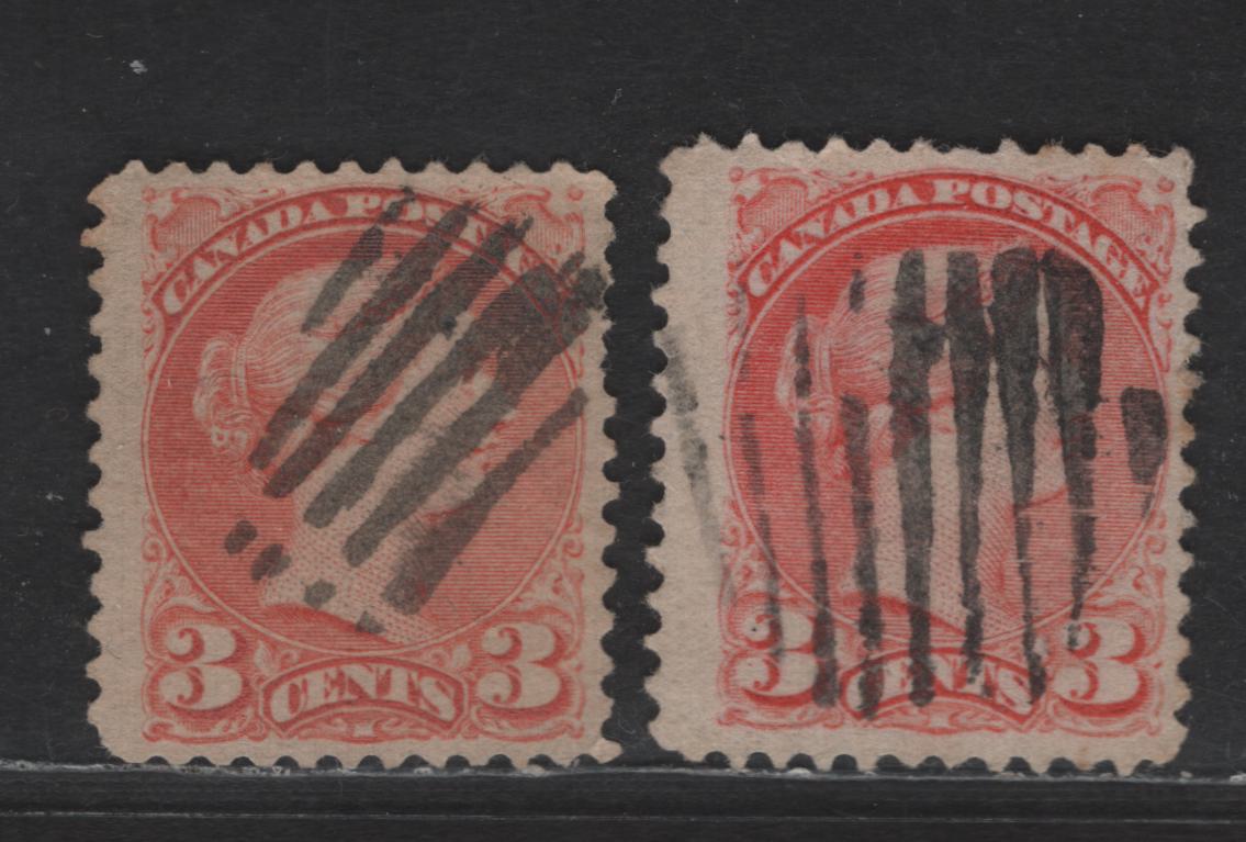 Lot 437 Canada SC#41 3c Dull Vermillion & Vermillion Queen Victoria, 1870-1893 Small Queen Issue, 2 Fine Used Singles, Mid Second Ottawa Printings, Paper 2O-M & 2O-Q, Perf 12, Unusual Grid Cancels That Are Irregular
