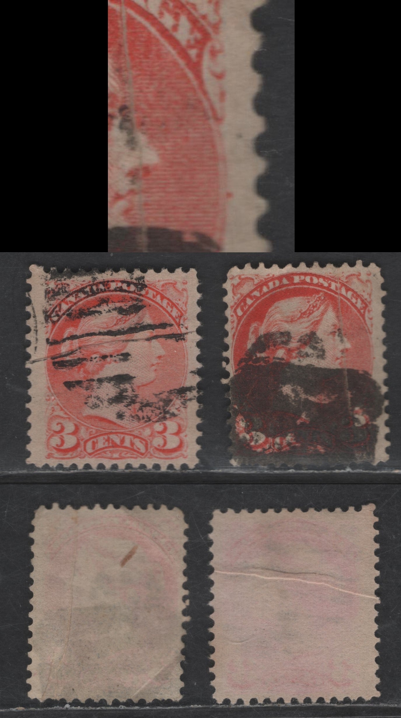 Lot 438 Canada SC#41var 3c Pale Dull Orange Vermillion & Deep Reddish Orang,  2 Good & Very Fine Used Singles, Early & Mid Second Ottawa Printings, Papers LM-H & 2O-N, Perfs 11.9x12.1 & 12, Pre-Print Paper Creases