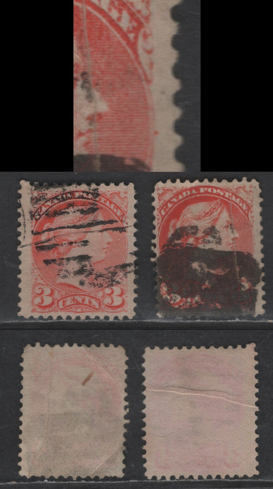 Lot 438 Canada SC#41var 3c Pale Dull Orange Vermillion & Deep Reddish Orang,  2 Good & Very Fine Used Singles, Early & Mid Second Ottawa Printings, Papers LM-H & 2O-N, Perfs 11.9x12.1 & 12, Pre-Print Paper Creases