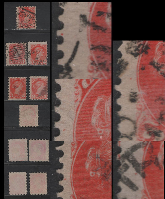 Lot 439 Canada SC#41var 3c Deep Orange Vermillion/Vermillion Queen Victoria, 1870-1893 Small Queen Issue, 4 Very Good/Fine Used Singles, Mid to Late Second Ottawa Printings, Papers 2O-C & 2O-N, Showing 9 O'Clock Medallion Dot