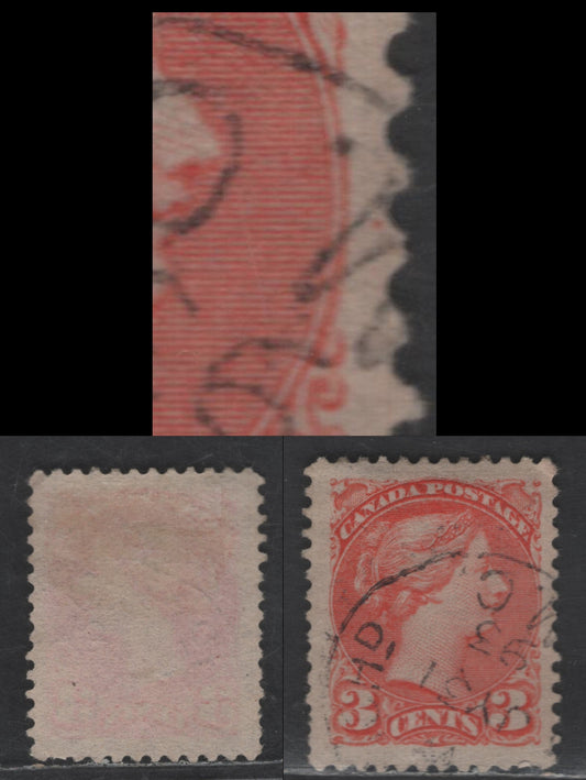Lot 440 Canada SC#41 3c Reddish Orange Queen Victoria, 1870-1893 Small Queen Issue, A Very Good Used Single, Early Second Ottawa Printing, Paper 2O-AA, Medallion Dot at 3 O'Clock, Perf 12x11.9, Cancelled July 331, 1893