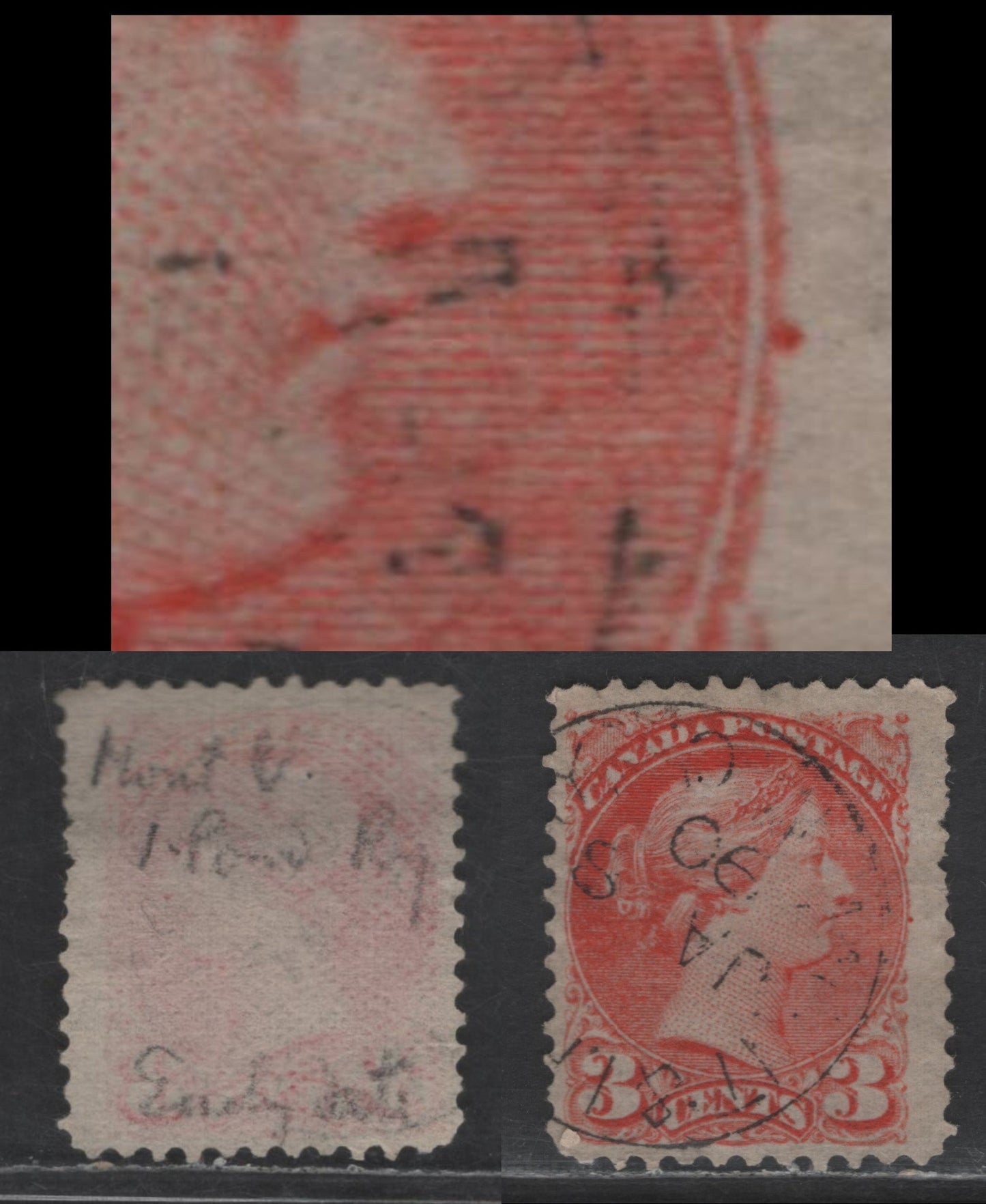 Lot 441 Canada SC#41 3c Red Orange Queen Victoria, 1870-1893 Small Queen Issue, A Very Good Used Single, Early Second Ottawa Printing, Paper 2O-BB, Perf 12x12.1, Medallion Dot At 3 O'Clock, Cancelled July 8 1890 RPO Cancel