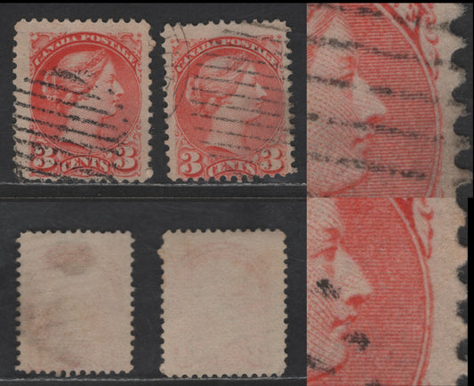 Lot 442 Canada SC#41 3c Vermillion & Dull Vermillion Queen Victoria, 1870-1893 Small Queen Issue, 2 Very Good/Fine Used Singles, Mid to Late Second Ottawa Printings, Paper 2O-F, Medallion Dot at 3 O'Clock, Perfs 11.9x12 & 11.9x12.1
