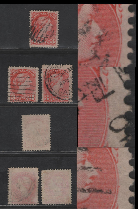 Lot 443 Canada SC#41 3c Rosy Vermillion Queen Victoria, 1870-1893 Small Queen Issue, 3 Fine Used Singles, Mid Second Ottawa Printings, Papers 2O-N & 2O-U, Medallion Dots at 3 O'Clock, Perfs 12x12.1, 12x11.9 & 12x12.2