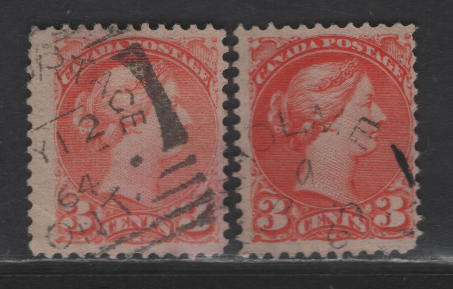 Lot 444 Canada SC#41 3c Deep Orange Vermillion & Dull Red Orange Queen Victoria, 1870-1893 Small Queen Issue, 2 Very Good/Fine Used Singles, Mid & Late Second Ottawa Printings, Paper 2O-C, Perfs 12 & 12x12.2, Both Showing Cancellation Date Errors