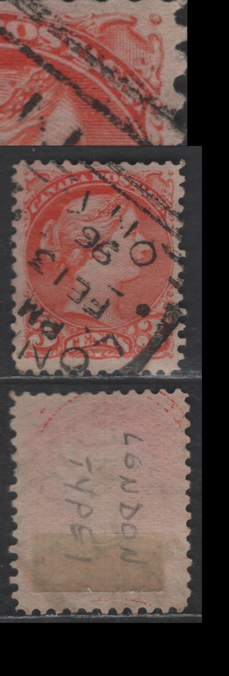 Lot 446 Canada SC#41 3c Orange Vermillion Queen Victoria, 1870-1893 Small Queen Issue, A Very Fine Used Single, Late Second Ottawa Printing, Paper 2O-AA, Perf 12x11.9, SON Feb 13 1896 Type 2 London Squared Circle Cancel Showing Dry Inking Under 'STA'