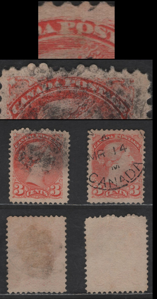 Lot 447 Canada SC#41 3c Dull Orange Vermillion Queen Victoria, 1870-1893 Small Queen Issue, 2 Fine Used Singles, Mid Second Ottawa Printings, Papers 2O-P & 2O-CC, Perfs 11.9x12.2 & 11.9, Dry Inking Above & Below "Canada Postage' & below 'P' of Postage