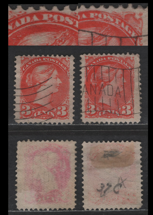 Lot 448 Canada SC#41var 3c Vermillion & Aniline Orange Vermillion Queen Victoria, 1870-1893 Small Queen Issue, 2 Fine Used Singles, Late Second Ottawa Printings, Papers 2O-AA, Perfs 12x12.1 & 11.9x12.1, Dry Inking Above & Below Canada Postage