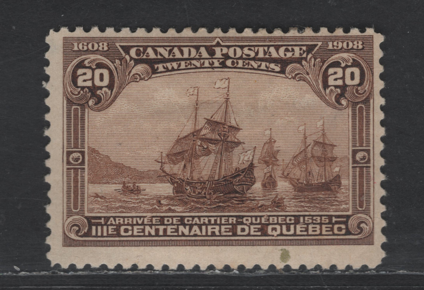 Lot 100 Canada SC#103 20c Brown Cartier's Arrival, 1908 Quebec Tercentenary Issue, A VGOG Single, Small Inclusion At Bottom Margin & Shallow Thins