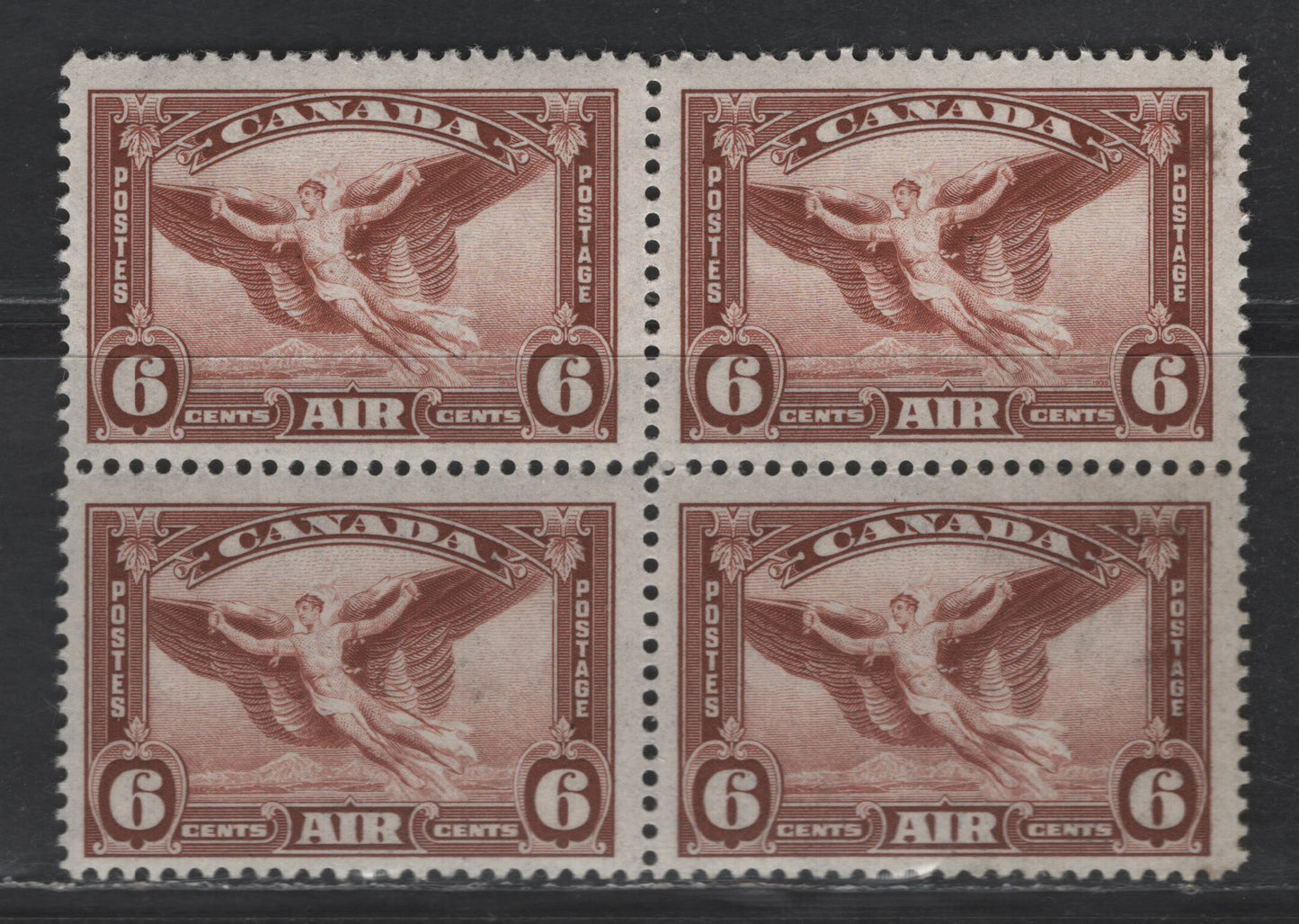 Lot 10 (C) Canada SC#C5ii 6c Red Brown Daedalus in Flight, 1935 Airmail Issue, A VFNH Block Of 4, Moulting Wing Variety, Plate  1, Pos. 14, Lower Right Stamp