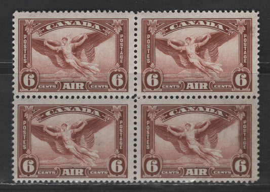 Lot 10 (C) Canada SC#C5ii 6c Red Brown Daedalus in Flight, 1935 Airmail Issue, A VFNH Block Of 4, Moulting Wing Variety, Plate  1, Pos. 14, Lower Right Stamp