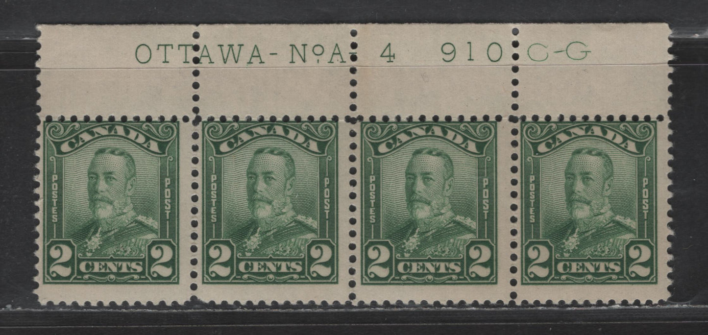 Lot 1 (C) Canada SC#150 2c Green King George V, 1928-1929 Scroll Issue, A VGNH Strip Of 4, Plate 4