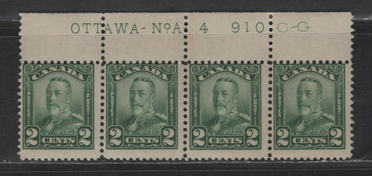 Lot 1 (C) Canada SC#150 2c Green King George V, 1928-1929 Scroll Issue, A VGNH Strip Of 4, Plate 4