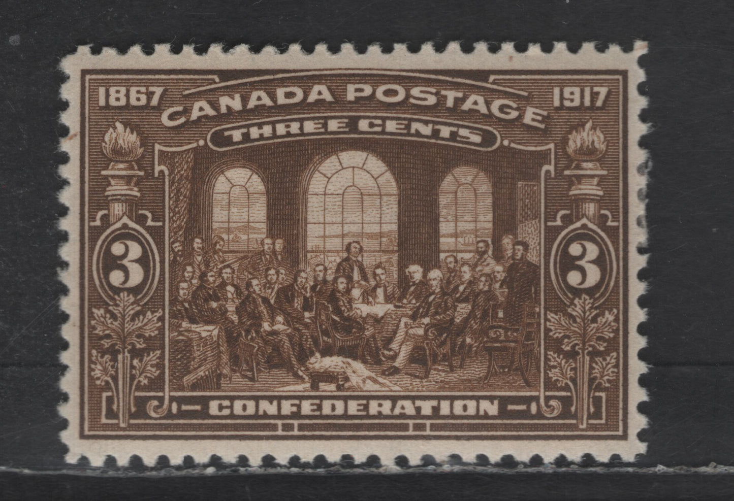 Lot 101 Canada SC#135 3c Olive Brown Fathers of Confederation, 1917 50th Anniv of Confederation Issue, A VFOG Single, Beautiful Centering