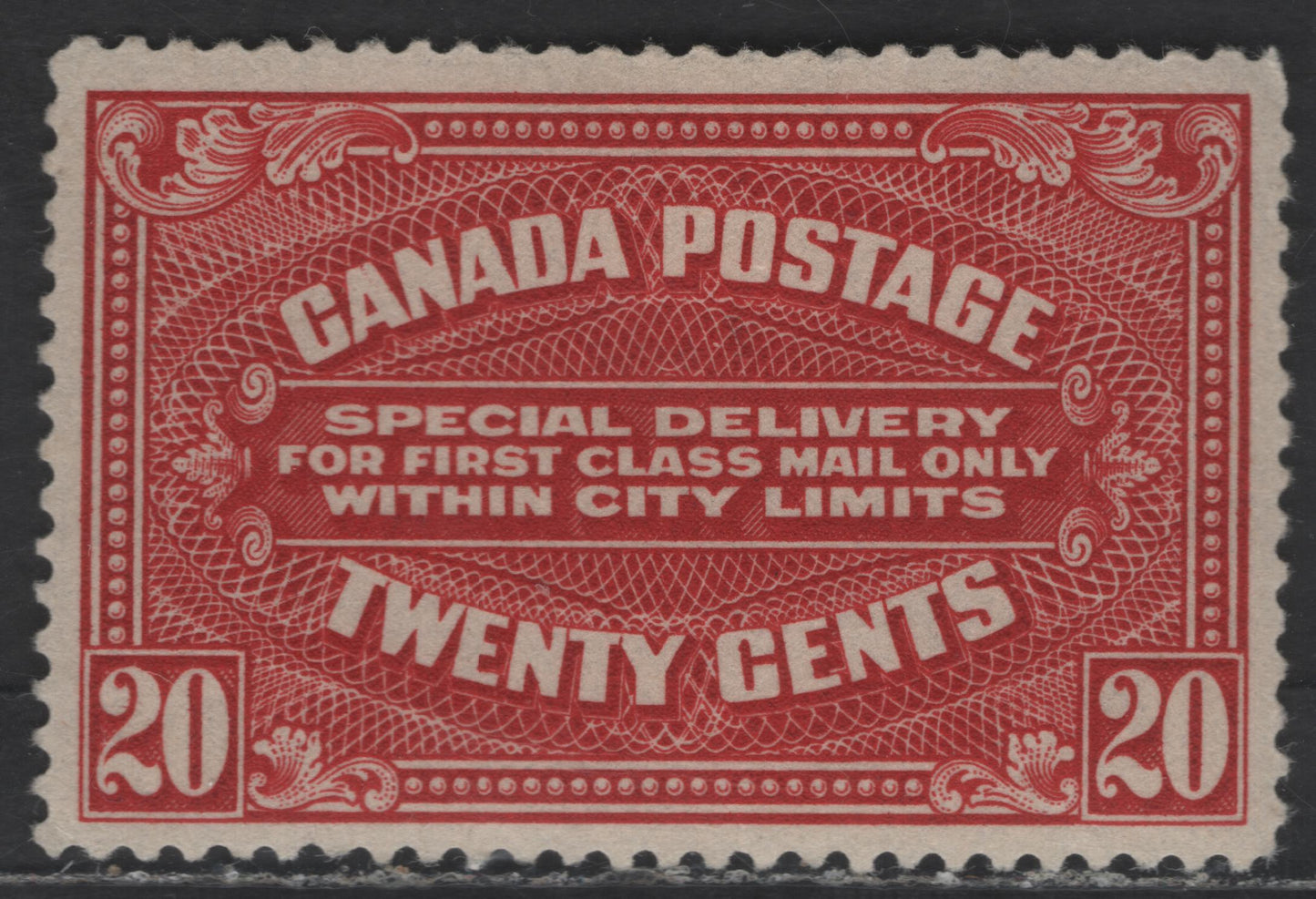 Lot 102 Canada SC#E2a 20c Carmine Script, 1922 Special Delivery Issue, A FOG Single, Wet Printing, Small Internal Crease Below 'W' of 'Twenty'