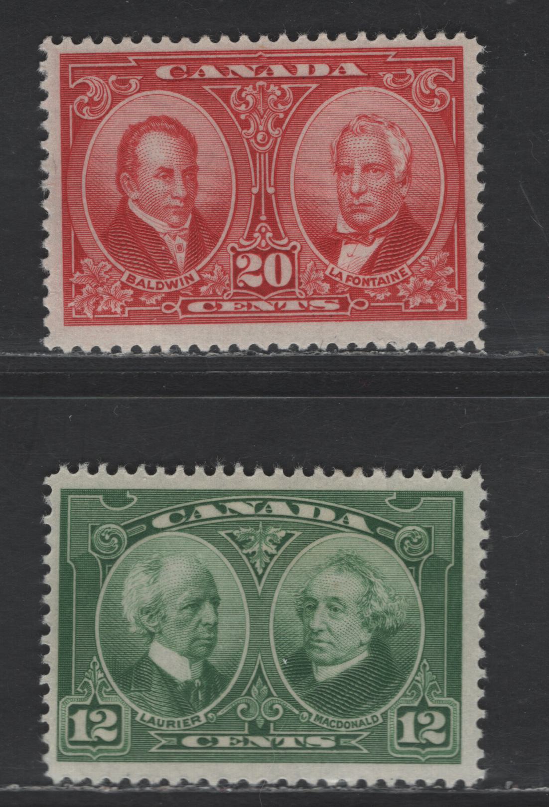 Lot 108 Canada SC#147-148 12c - 20c Green - Carmine Red Laurier & Macdonald - Baldwin & Lafontaine, 1927 Historical Issue, 2 FNH/OG SIngles, Streaky Gum