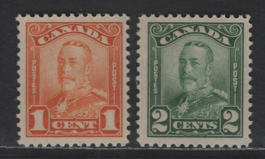 Lot 109 Canada SC#149-150 1c - 2c Dull Orange - Green King George V, 1928-1929 Scroll Issue, 2 VFNH Singles, Streaky Gum