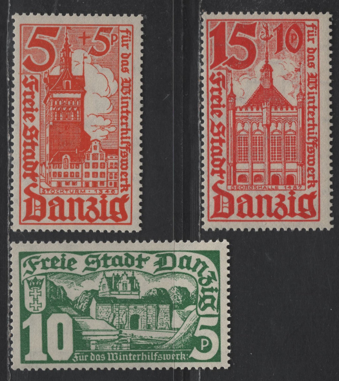 Lot 11 (C) Danzig SC#B12-B14 5pf+5pf - 15pf+10pf Orange - Scarlet Scenery, 1935 Semi Postal Issue, 3 F/VFNH Singles
