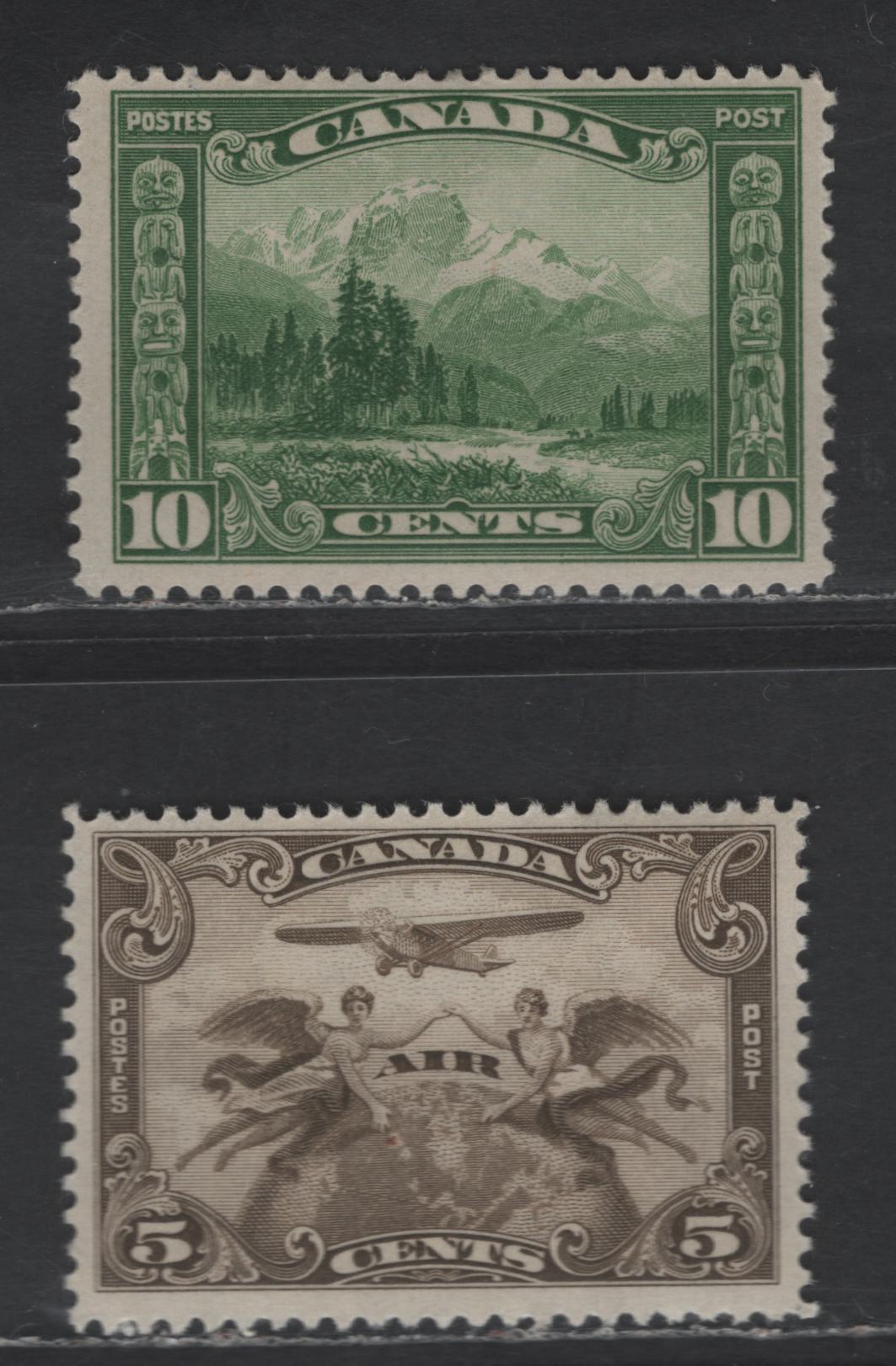 Lot 113 Canada SC#155, C1 10c - 5c Green - Brown Olive Mount Hurd - Two Winged Figures, 1928-1929 Scroll - Airmail Issues, 2 FOG Singles, Streaky Gum
