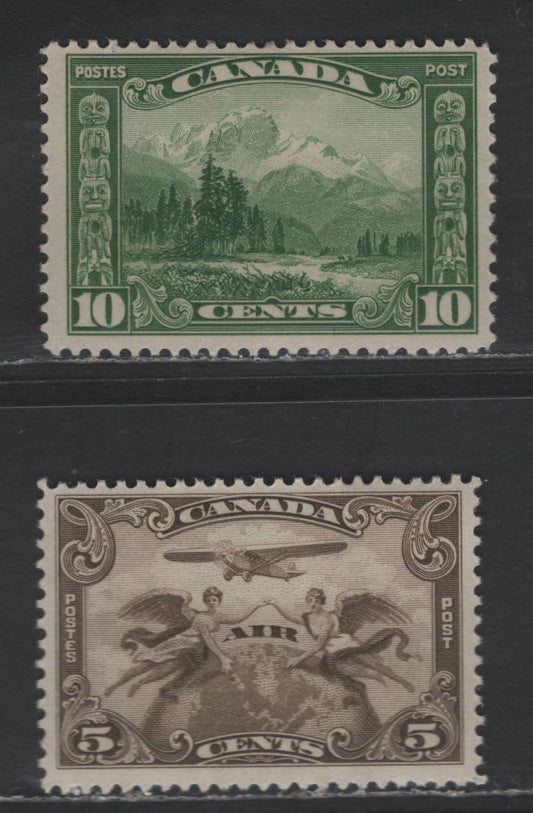 Lot 113 Canada SC#155, C1 10c - 5c Green - Brown Olive Mount Hurd - Two Winged Figures, 1928-1929 Scroll - Airmail Issues, 2 FOG Singles, Streaky Gum