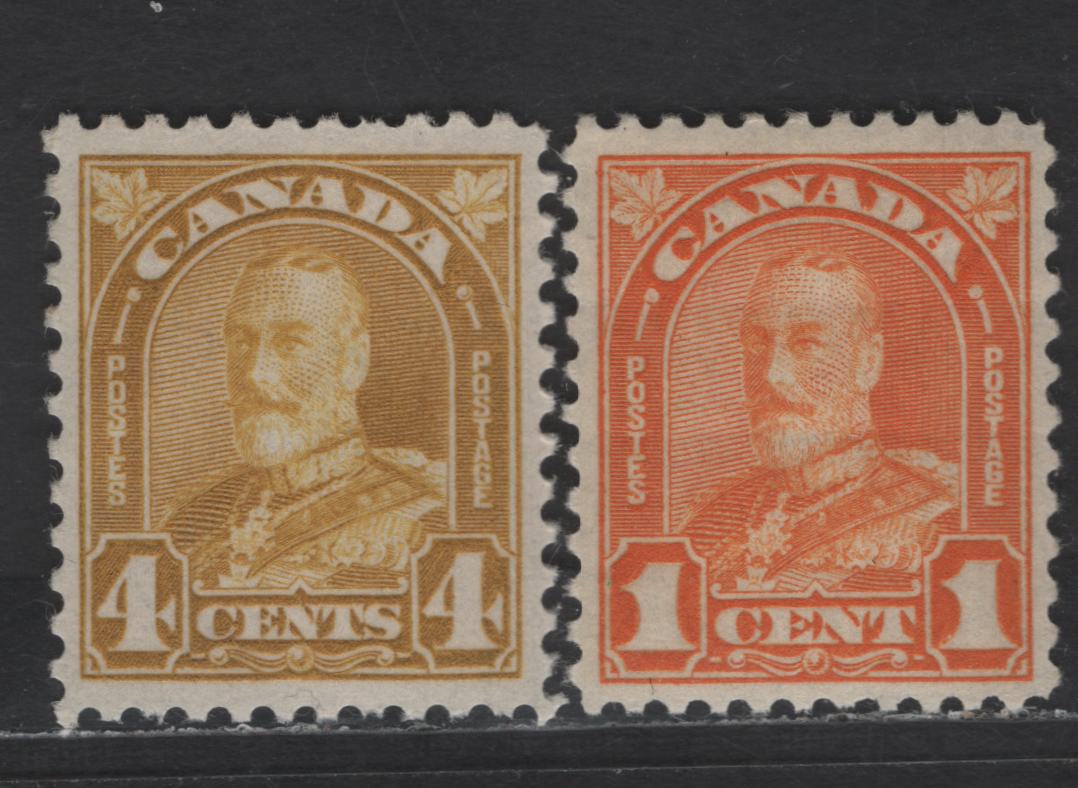 Lot 117 Canada SC#162, 168 1c - 4c Orange - Ochre King George V, 1930-1931 Arch/Leaf Issue, 2 VFNH Singles, Straited Gum, 4 Gum Breaker Ridges & Cream Satin Gum