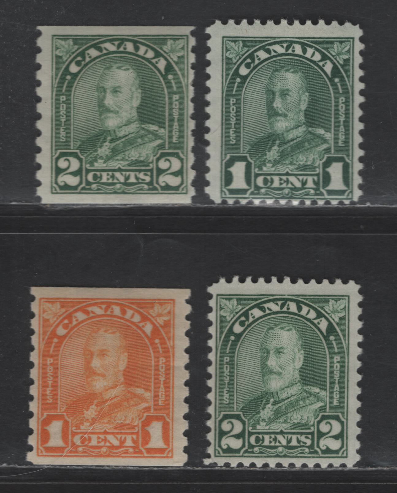 Lot 118 Canada SC#163b, 164, 178, 180 1c - 2c Green - Yellowish Green King George V, 1930-1931 Arch/Leaf Sheet & Coil Issues, 4 FNH Singles, Straited Gums With 3 & 4 Gum Breaker Ridges, Straited Gum With Semi-Glossy Sheen