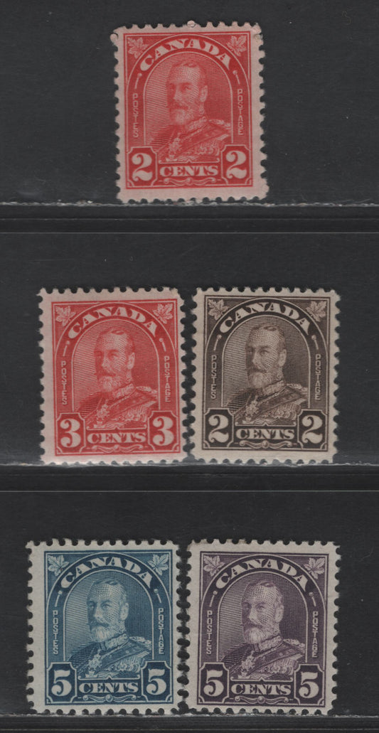 Lot 119 Canada SC#165a, 166-167, 169a, 170i 2c - 5c Red - Milky Blue King George V, 1930-1931 Arch/Leaf Issue, 5 FOG Singles, Die 2 For 2c Red