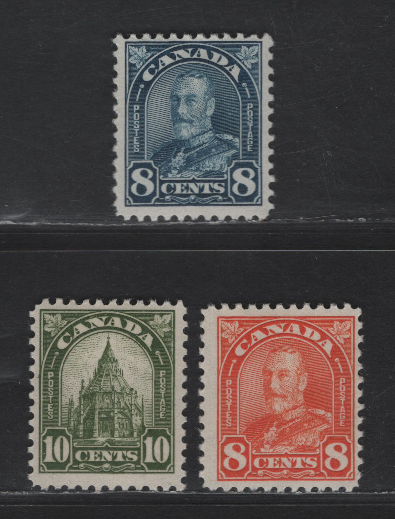 Lot 120 Canada SC#171-173 8c - 10c Dark Blue - Olive Green King George V - Liabrary of Parliament, 1930-1931 Arch/Leaf Issue, 3 FOG Singles, White Satin Gum (8c blue), 8c Red Orange  (Cream Satin Gum) & Deep Cream Semi Glossy Gum (10c)